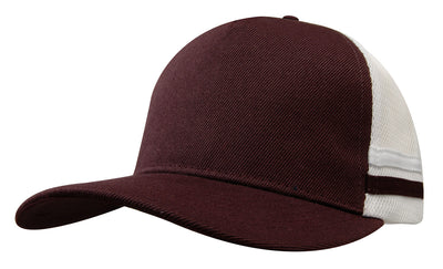 Maroon and white american premium striped trucker cap with mesh back panel ideal for workwear uniforms