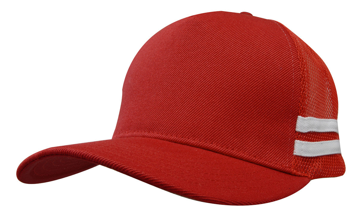 Red american premium striped trucker cap with white side stripes perfect for uniforms and workwear use