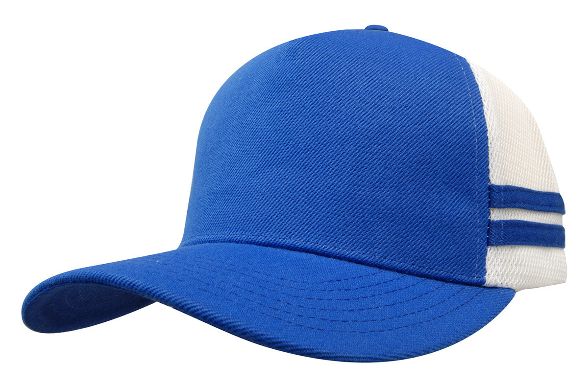 American premium striped trucker cap with solid blue front panel mesh back and blue side stripes ideal for workwear uniforms