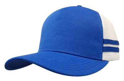 American premium striped trucker cap with solid blue front panel mesh back and blue side stripes ideal for workwear uniforms