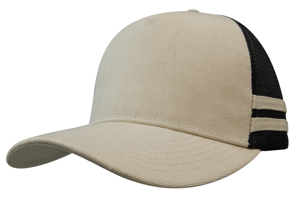 Beige american premium striped trucker cap with black mesh back and beige stripes perfect for workwear uniforms