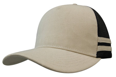Beige american premium striped trucker cap with black mesh back and beige stripes perfect for workwear uniforms