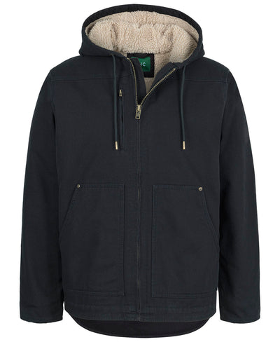 Black hooded rugged barn jacket with plush beige fleece lining and gold zipper pulls perfect for work uniforms and workwear