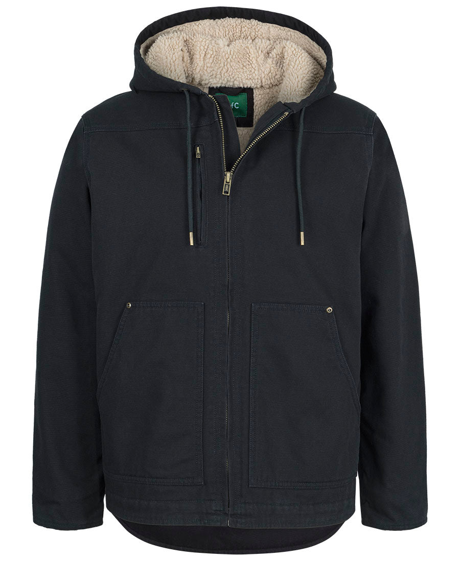 Black hooded rugged barn jacket with plush beige fleece lining and gold zipper pulls perfect for work uniforms and workwear