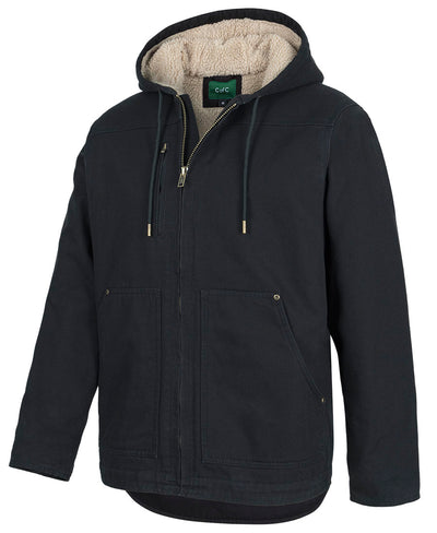 Rugged hooded barn jacket in black caffè with plush beige sherpa lining and metallic tip drawstrings for workwear uniforms