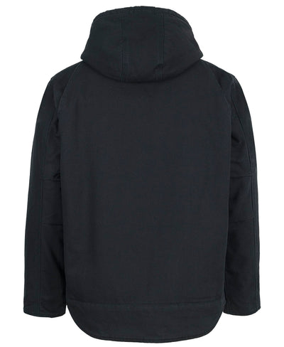 Black hooded rugged barn jacket with durable matte fabric and subtle seams perfect for workwear uniforms