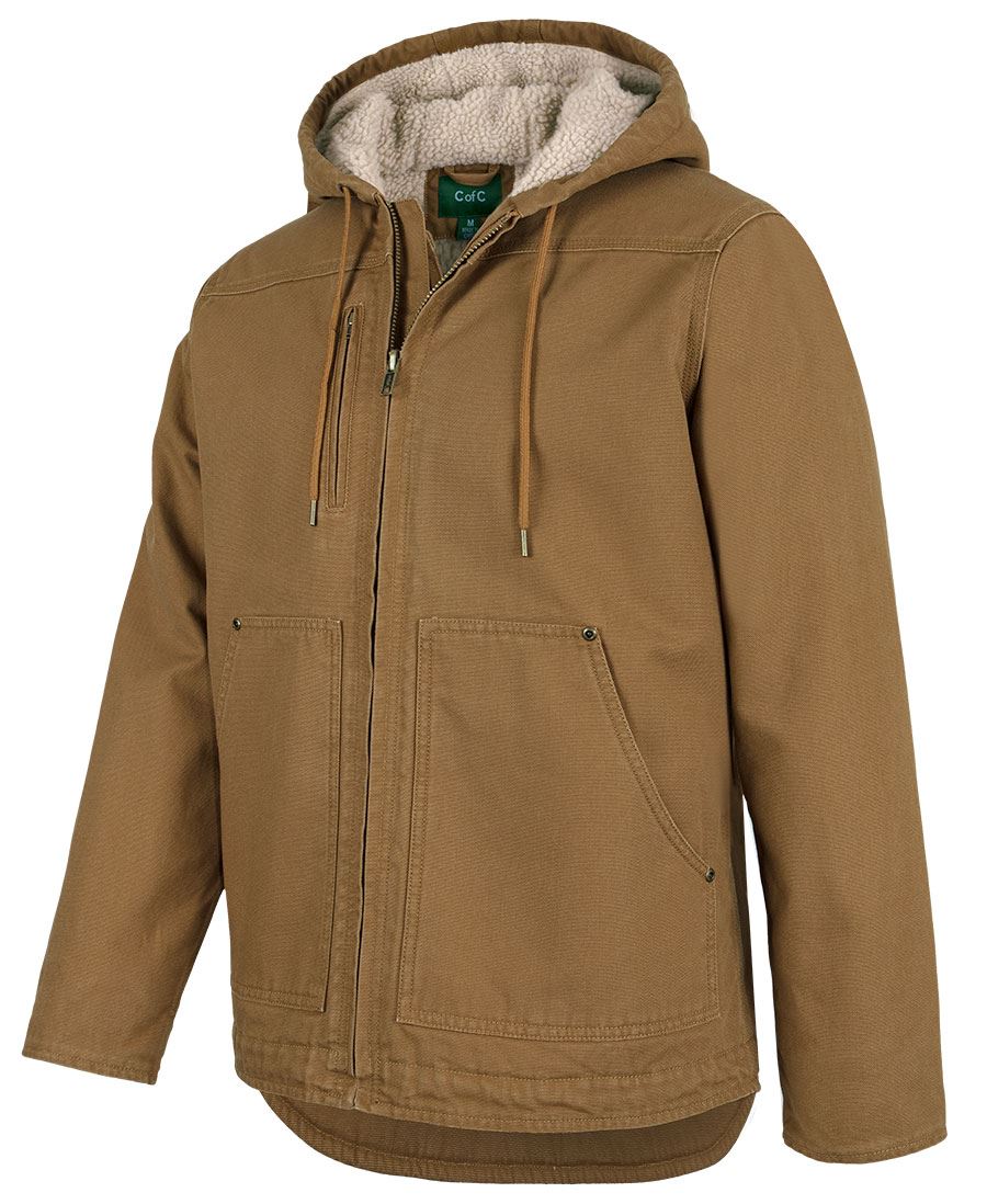 Tan rugged hooded barn jacket with plush light beige fleece lining and matching drawstrings perfect for workwear uniforms