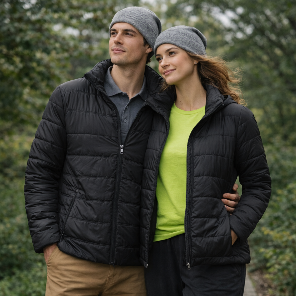 Black quilted puffer jacket with zipper and front pockets perfect for workwear and work uniforms uniforms