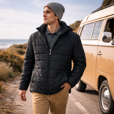Black quilted puffer jacket with hood and zipper perfect for warm work uniforms and durable workwear use