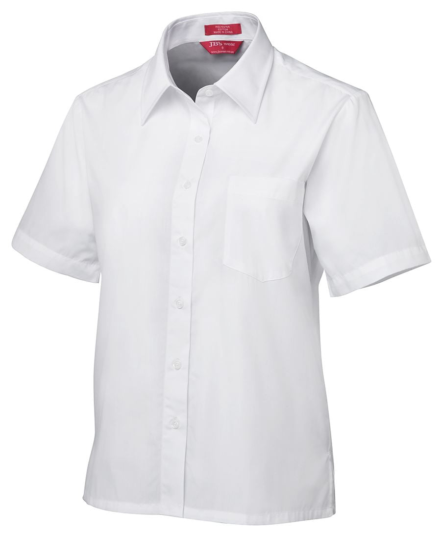 Ladies ss original poplin white short-sleeved button-up shirt with collar and chest pocket by jbs wear, perfect for workwear uniforms