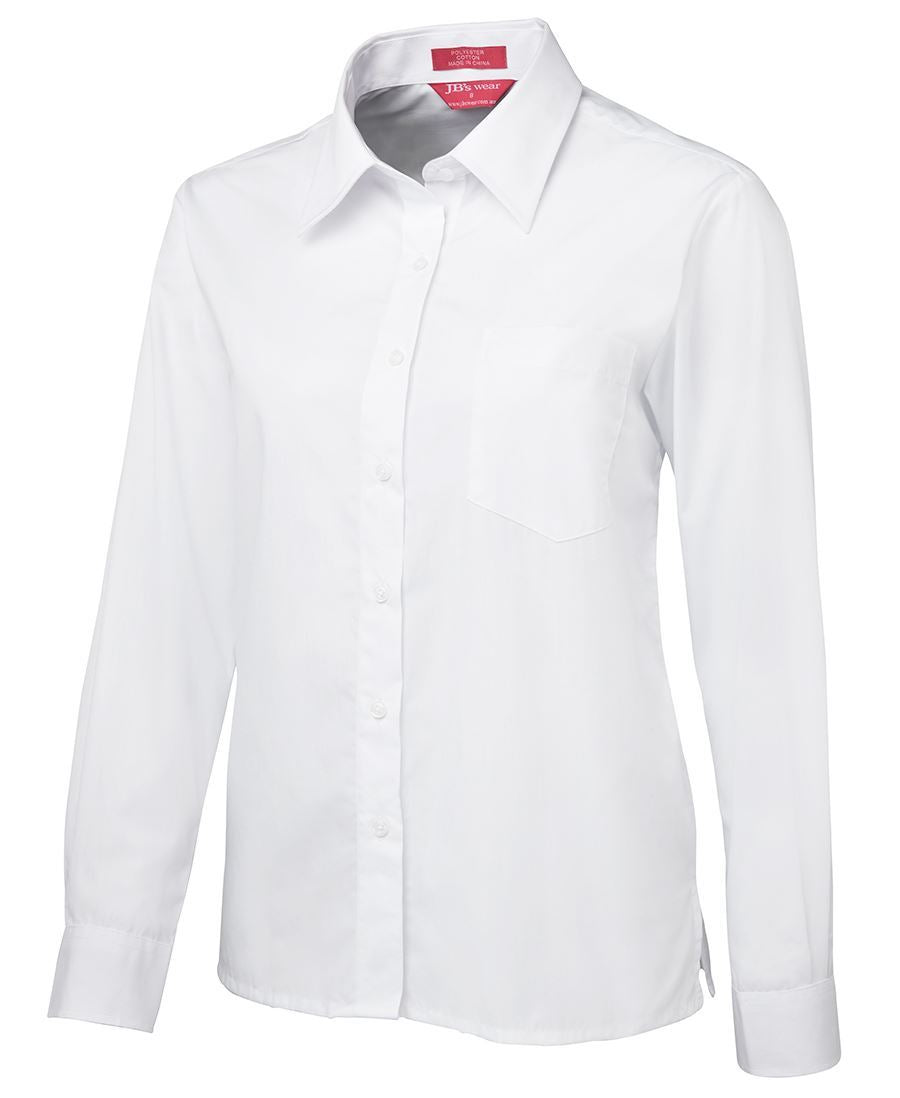 White ladies long-sleeved poplin shirt with classic collar and chest pocket perfect for workwear uniforms