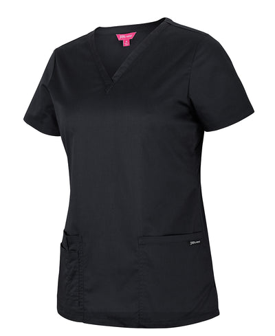 Ladies premium black short-sleeved v-neck scrub top with two front pockets perfect for work uniforms and workwear