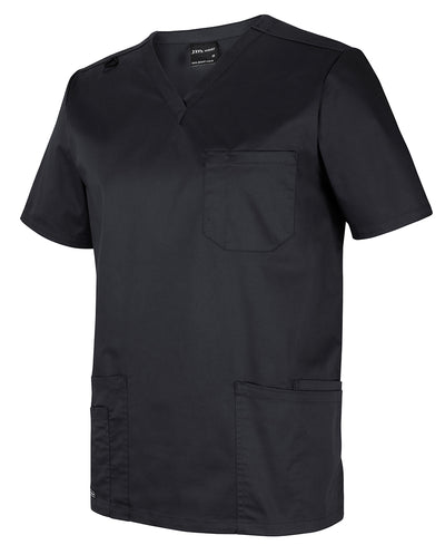 Black unisex premium scrub top with v-neck chest and lower pockets perfect for workwear and uniforms