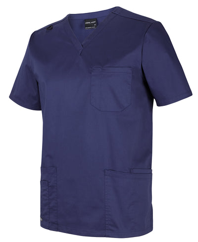 Navy blue unisex premium scrub top with v-neck chest pocket and two lower pockets perfect for work uniforms and workwear