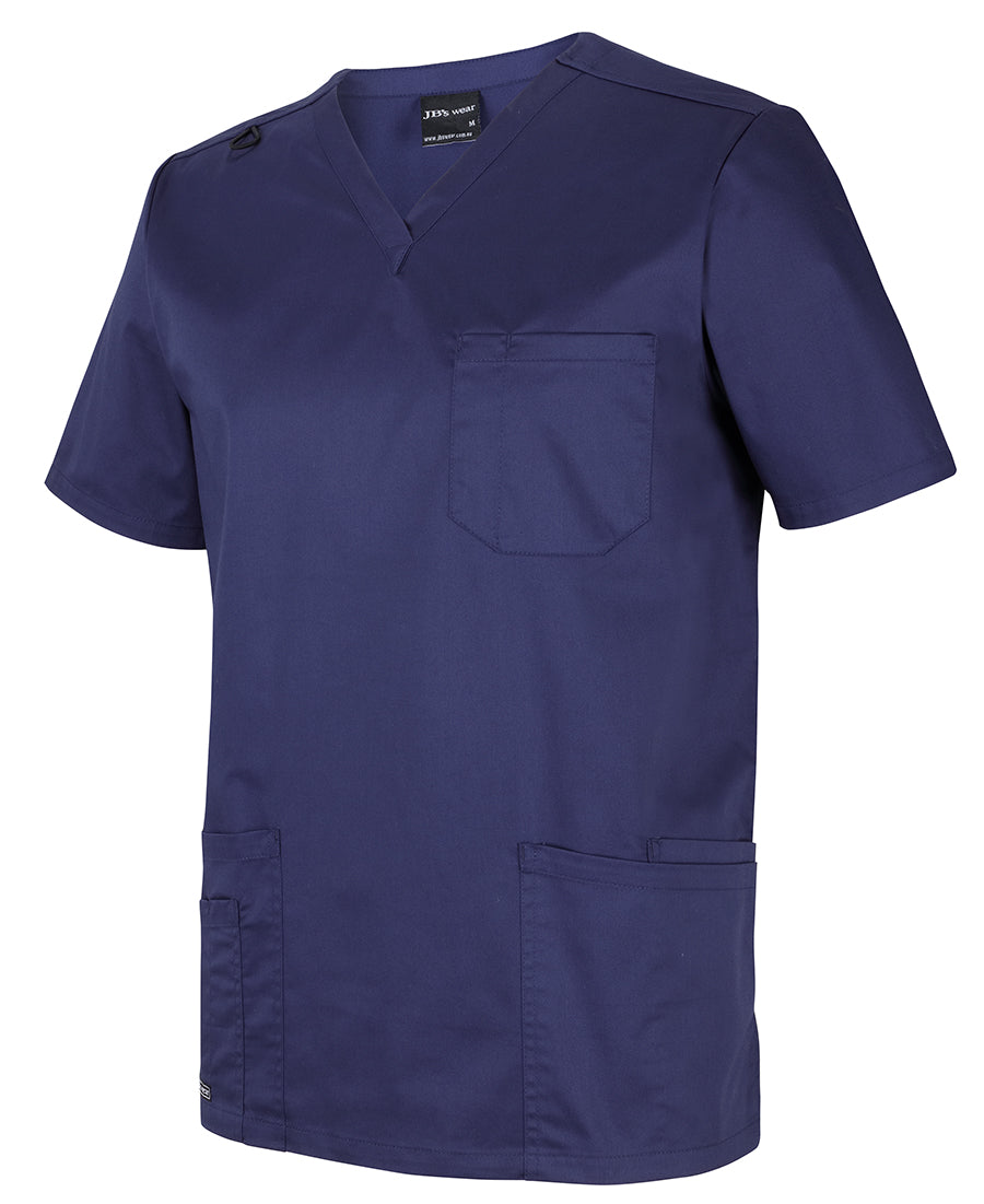 Navy blue unisex premium scrub top with v-neck chest pocket and two lower pockets perfect for work uniforms and workwear