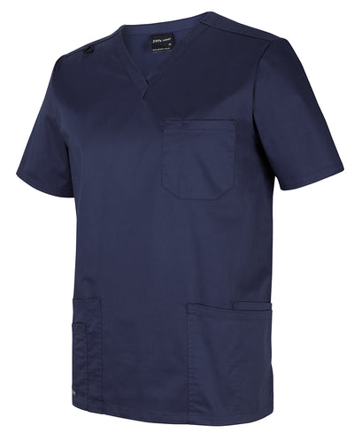 Navy blue unisex premium scrub top with v-neck, chest and lower pockets, perfect for comfortable work uniforms and workwear