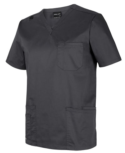 Dark gray unisex premium scrub top with v-neck chest pocket and two lower pockets ideal for work uniforms and workwear