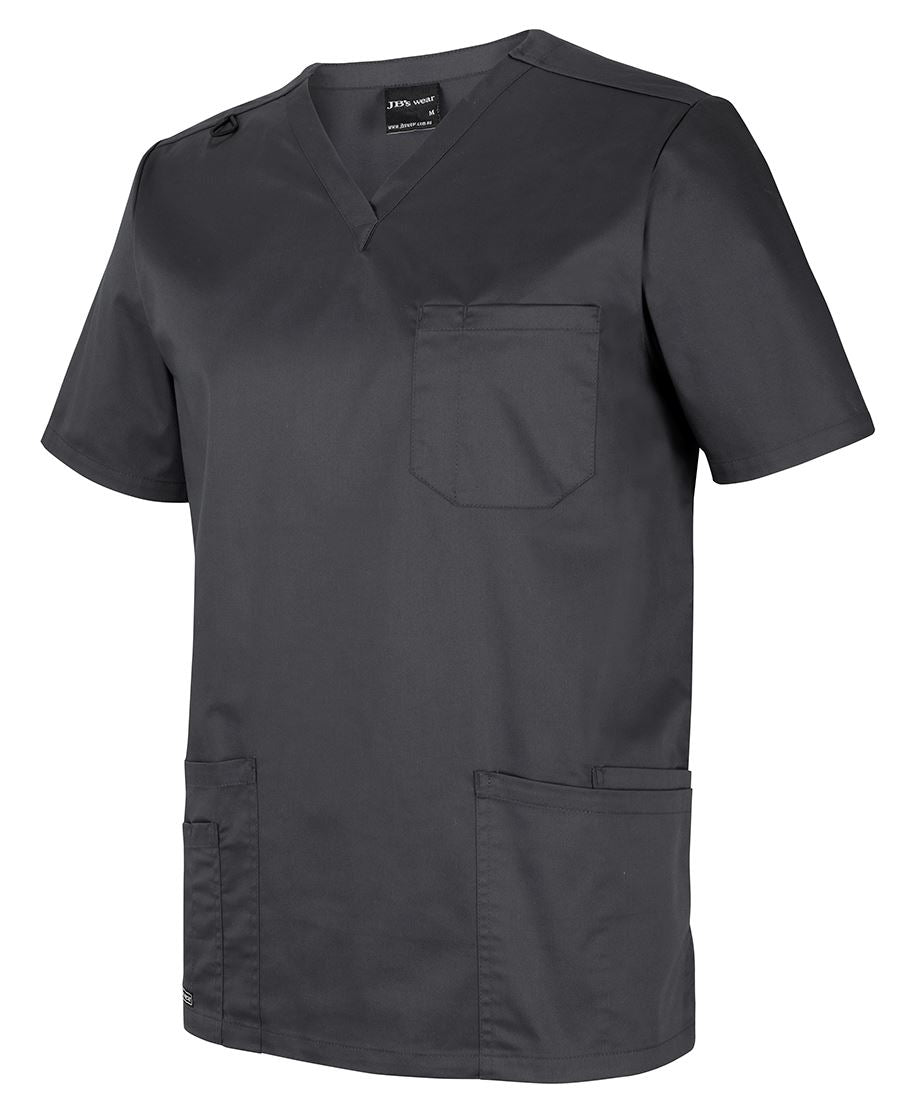 Dark gray unisex premium scrub top with v-neck chest pocket and two lower pockets ideal for work uniforms and workwear