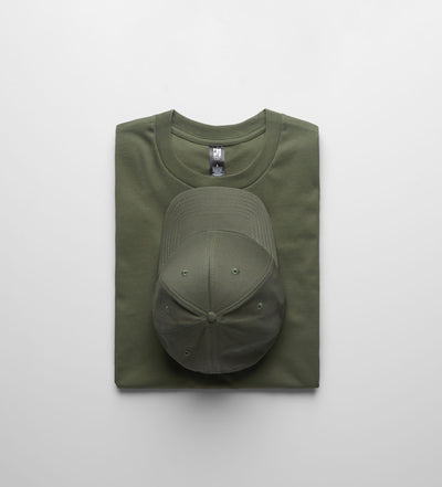 Olive green structured baseball cap with matching fabric brim perfect for workwear and uniforms
