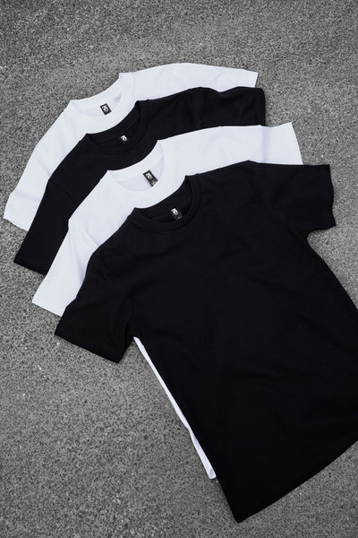 Classic heavyweight black and white crew neck t-shirts with subtle side panels perfect for work uniforms and workwear