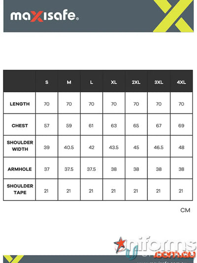 Clothing size chart for workwear and safety vests in uniforms and work uniforms