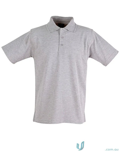 Gray polo shirt made of poly cotton pique with a ridged collar and twin-needle stitching