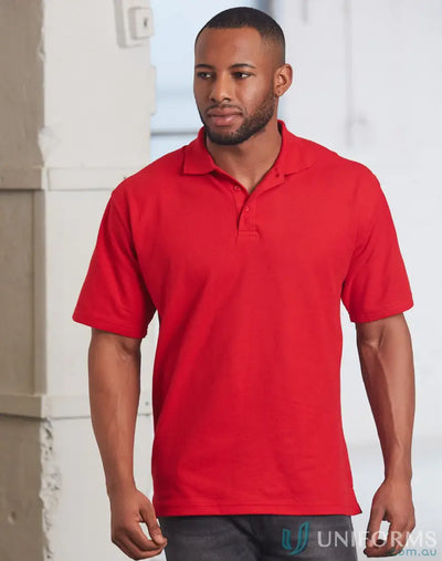 Red short-sleeved polo shirt made of poly cotton pique with a ridged collar and twin-needle stitching