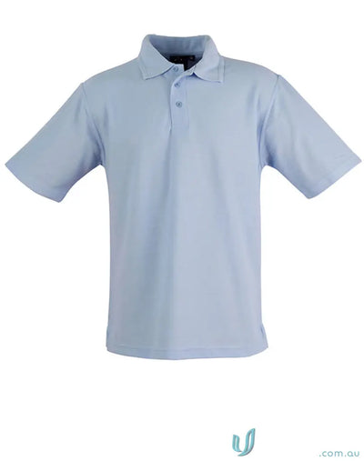 Light blue poly cotton pique polo shirt with ridged collar and twin-needle stitching