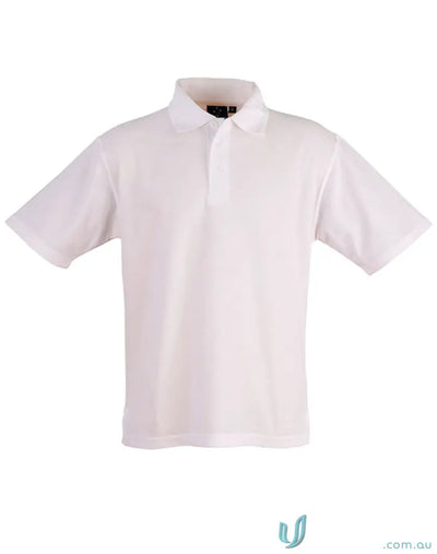 White short-sleeved polo shirt made of poly cotton pique with ridged collar and twin-needle stitching