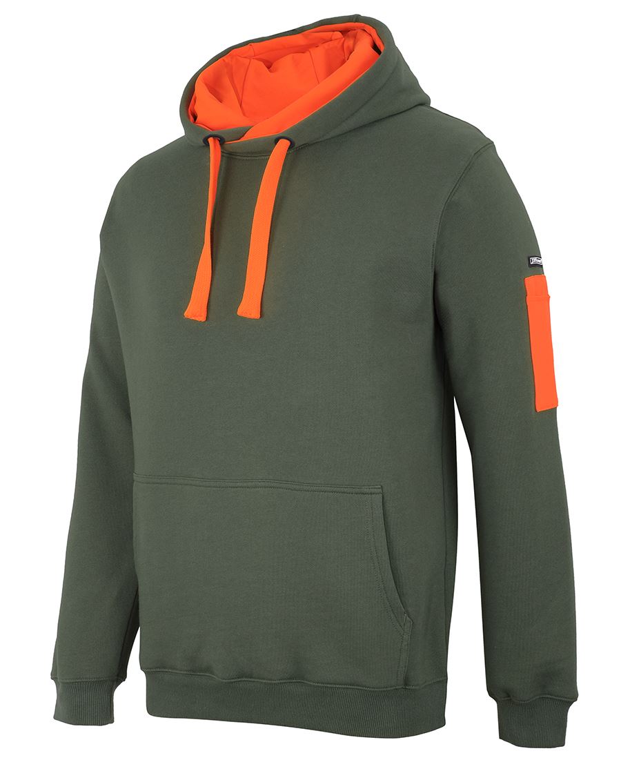 Olive green 350gsm trade hoodie with bright orange lining drawstrings and sleeve patch ideal for workwear uniforms