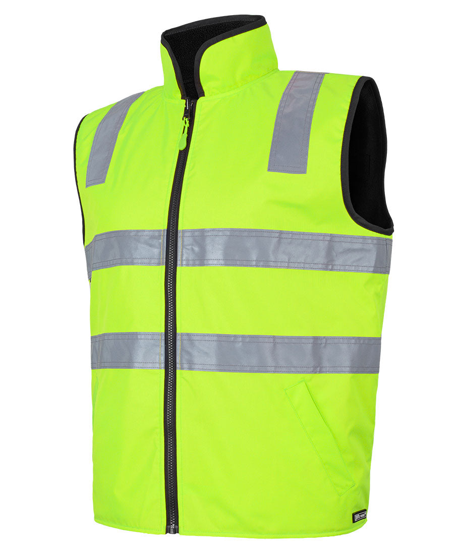 Bright neon yellow hi vis reversible vest with reflective silver stripes black lining for workwear uniforms