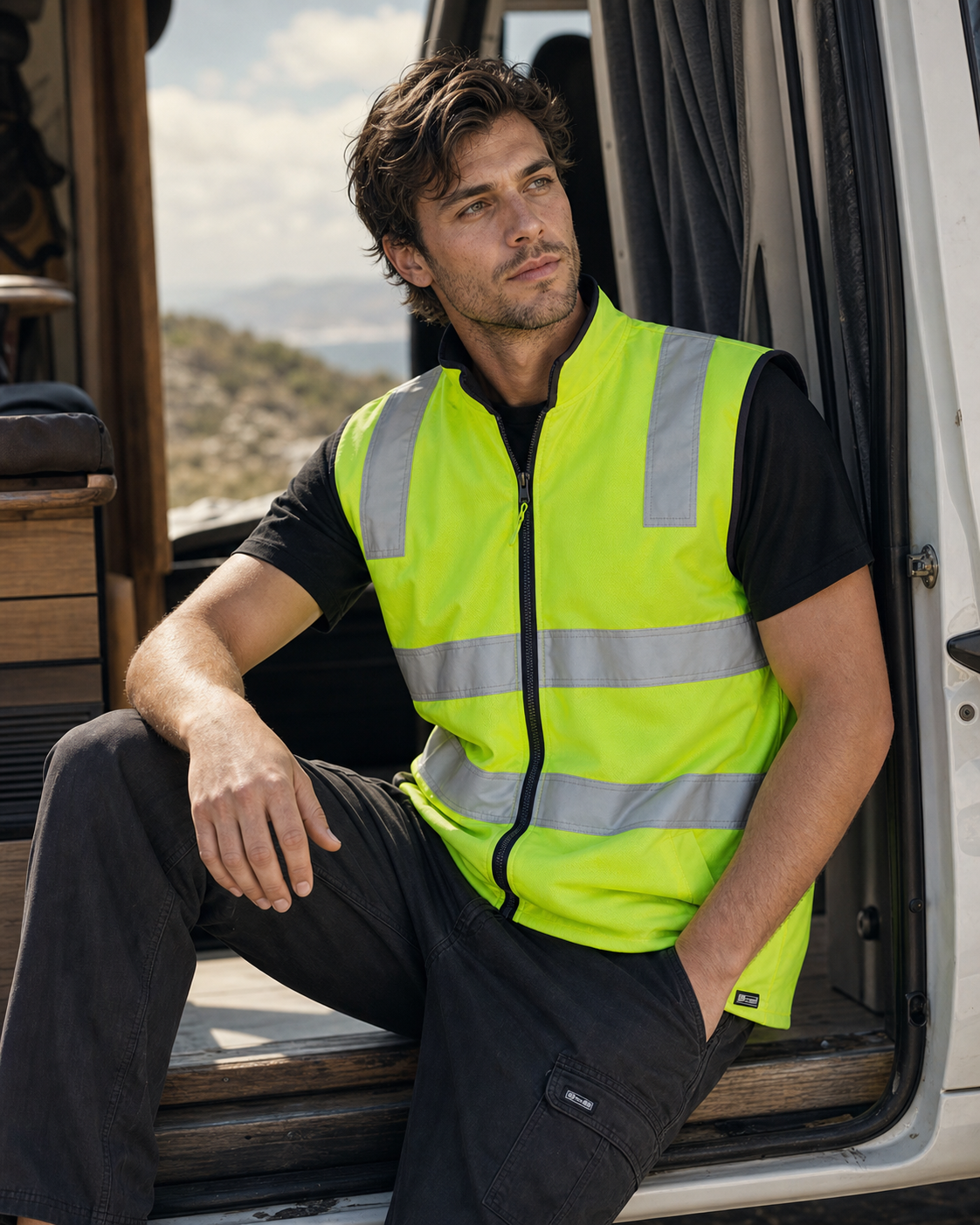 Bright neon yellow hi vis reversible vest with reflective silver stripes and black zipper for workwear uniforms