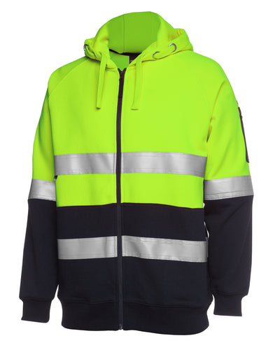 Arjo hi vis zip fleecy hoodie in neon yellow and navy blue with reflective stripes perfect for workwear uniforms