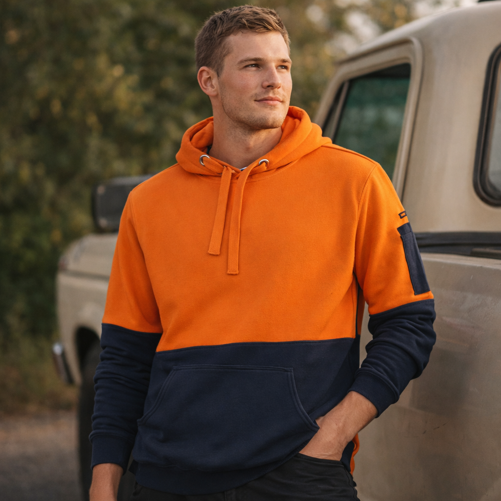Orange and navy blue two-tone hiVis 330G pullover hoodie with front pocket ideal for work uniforms and workwear