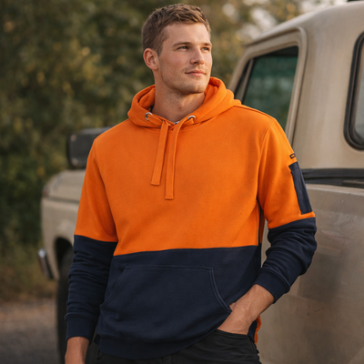 Orange and navy blue two-tone hiVis 330G pullover hoodie with front pocket ideal for work uniforms and workwear