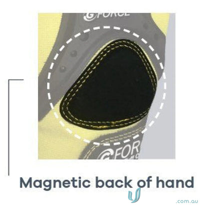 Magnetic back of hand glove detail on 6PK G-Force Tuff Oiler Cut C Mechanics Glove with reinforced leather