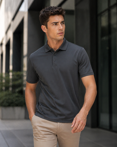 Dark gray podium stretch polo shirt with classic collar and button placket ideal for uniforms and workwear