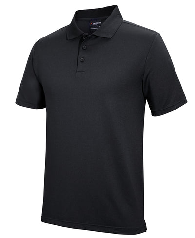 Black short-sleeved podium stretch polo with classic collar and three-button placket ideal for workwear uniforms