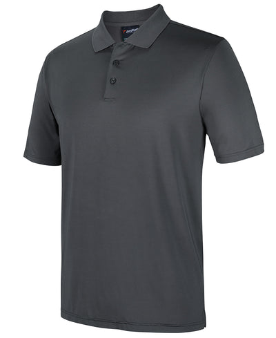 Dark gray podium stretch polo with classic collar and black buttons perfect for workwear and uniforms