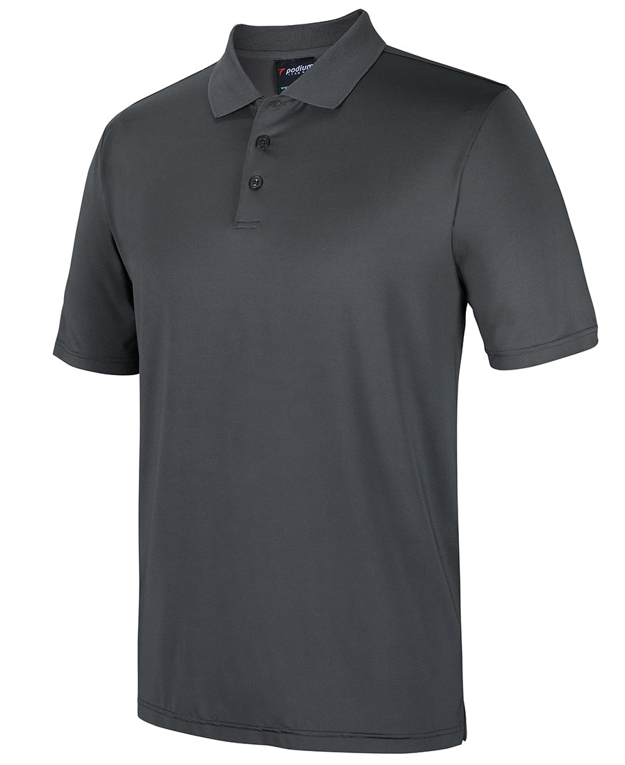 Dark gray podium stretch polo with classic collar and black buttons perfect for workwear and uniforms
