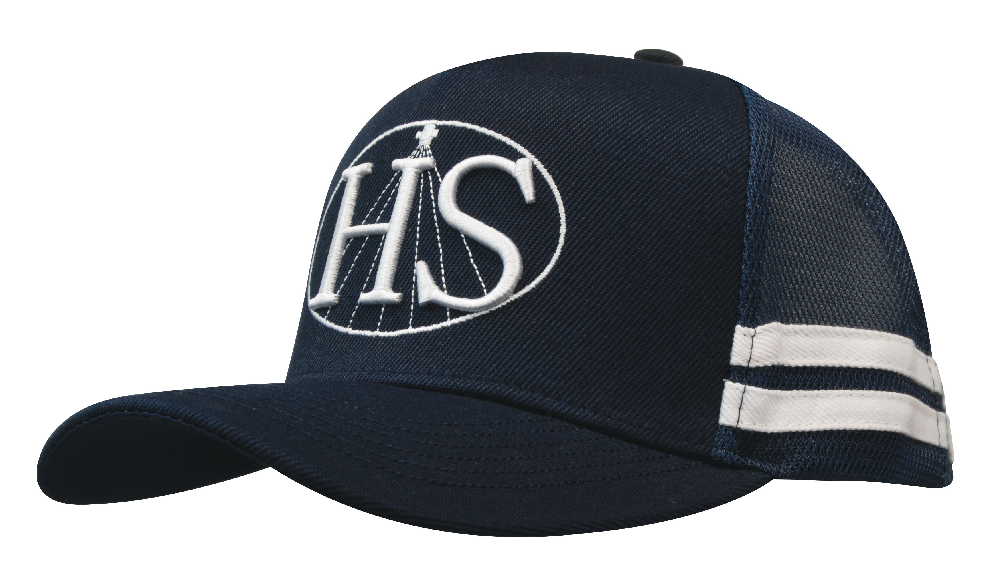Dark navy american premium striped trucker cap with white hs logo and stripes perfect for workwear and uniforms