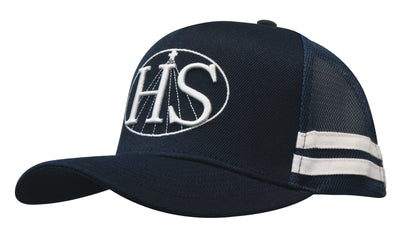 Dark navy american premium striped trucker cap with white hs logo and stripes perfect for workwear and uniforms