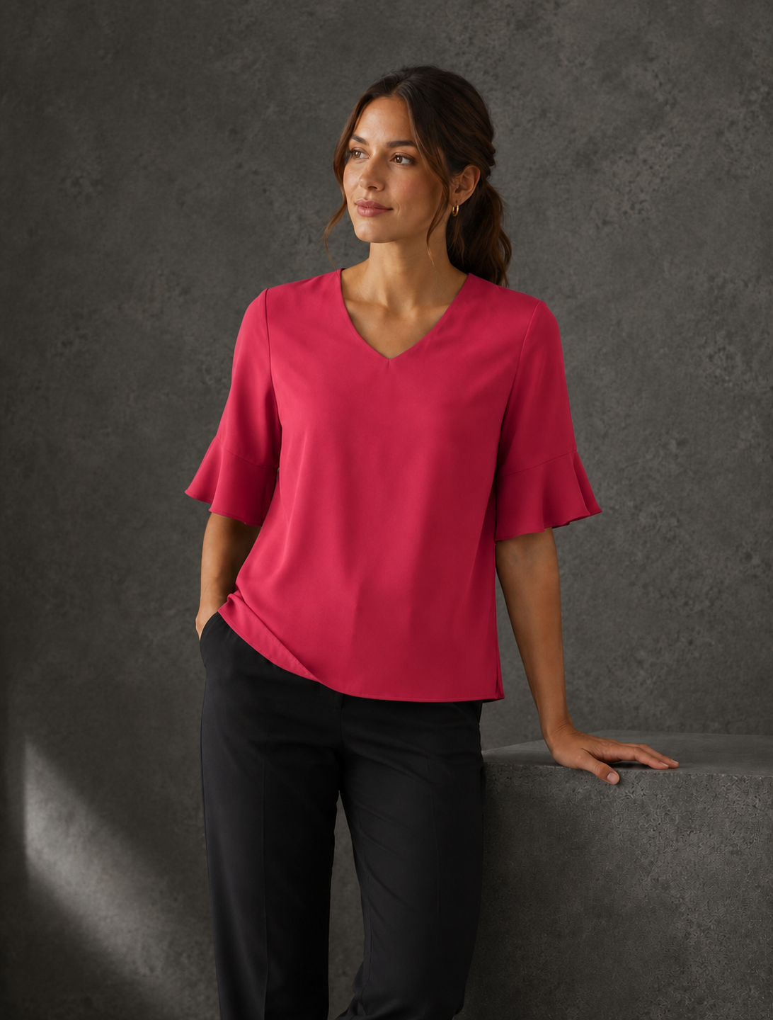 Aria Fluted Blouse professional uniform portrait in raspberry