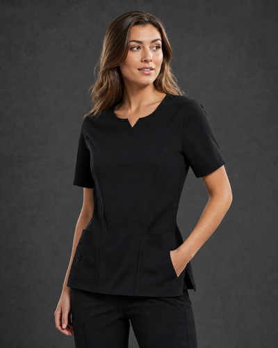 Avery Ladies Round Neck Scrub Top CST942LS in black - front view