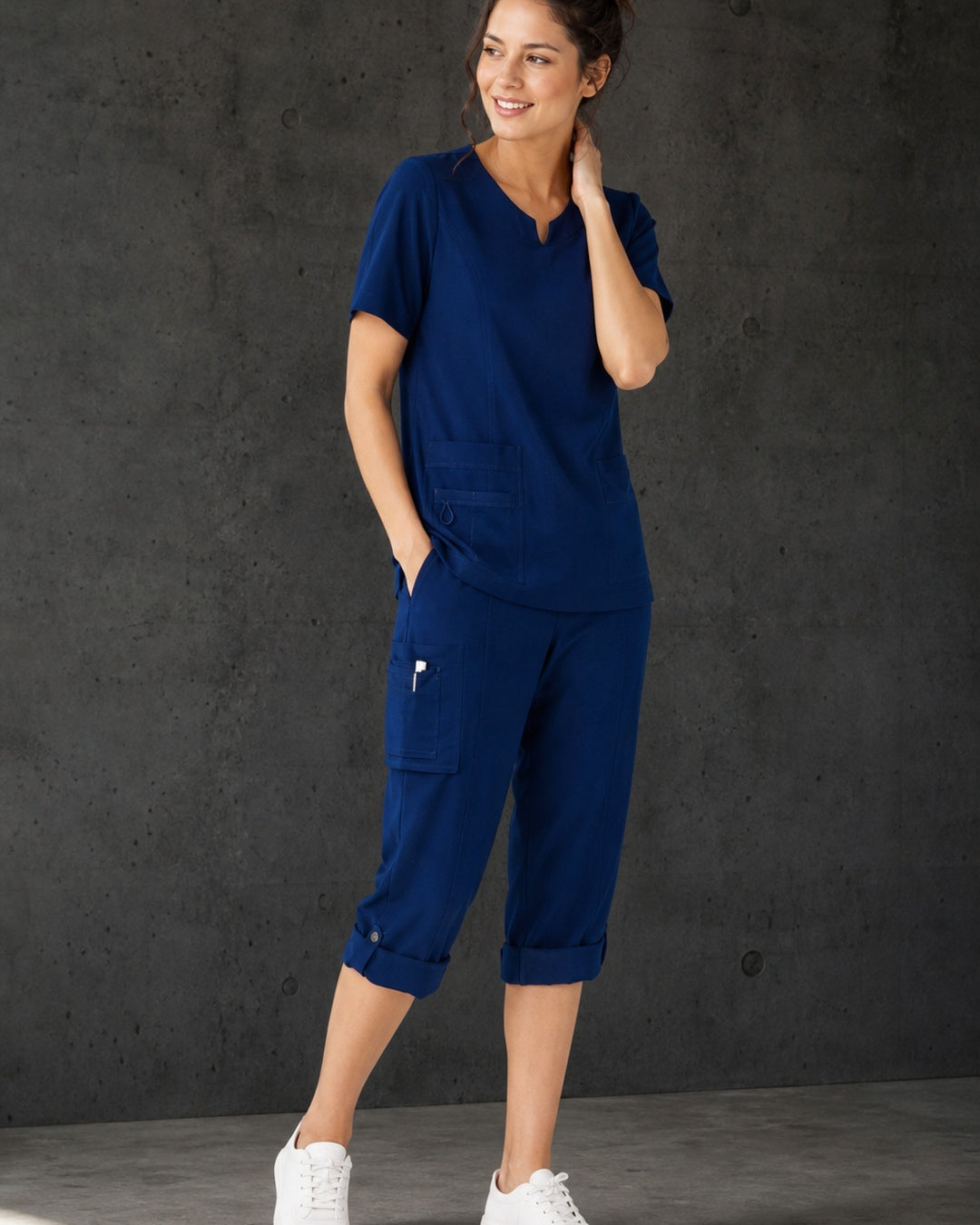 Avery Ladies Straight Leg Scrub Pant CSP944LL in Navy with roll-up legs