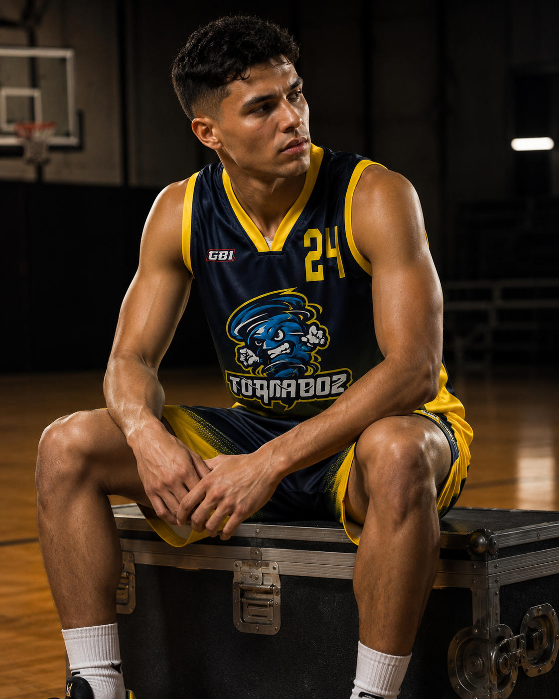 Basketball player sitting on a trunk in a gymnasium wearing a 'TurboBoz' jersey.