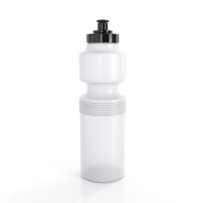 White plastic austmade sports bottle 750ml with black screw-on cap and ribbed grip for work uniforms and workwear