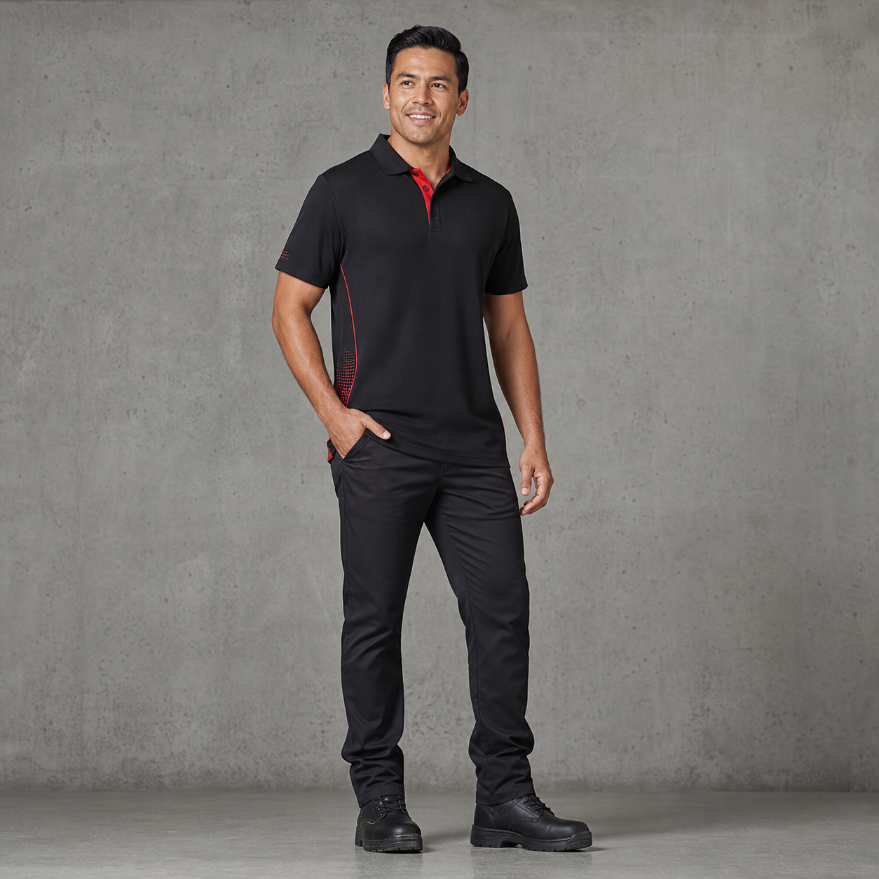P200MS Balance Men’s Short Sleeve Polo in Black and Red for work teams