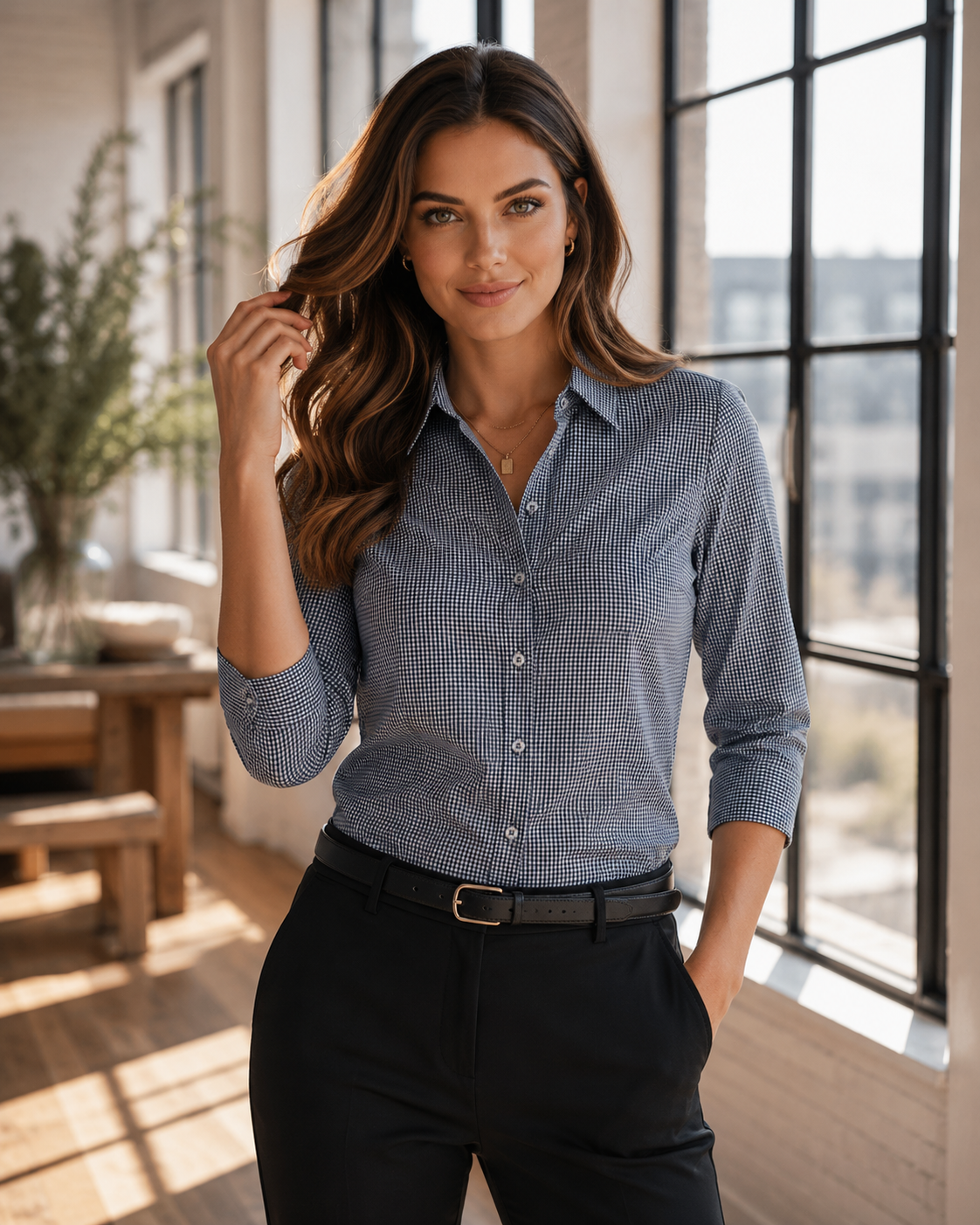 Woman wearing a blue checkered shirt and black pants in a bright room with large windows.