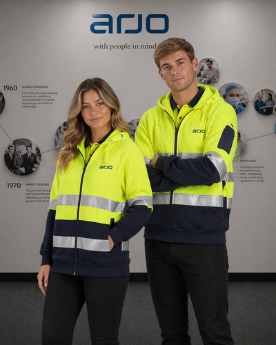 Bright yellow and navy blue arjo hi vis zip fleecy hoodie with reflective stripes perfect for workwear uniforms